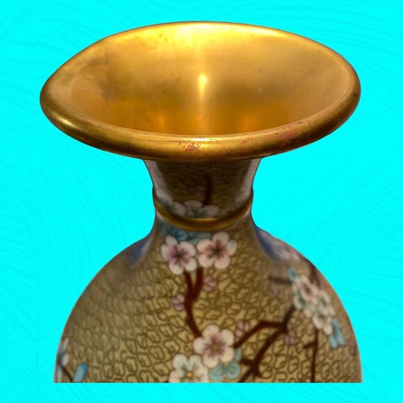 Vintage Asian Cloisonne Vase Bottle Bird Cherry Blossoms 9" Tall READ - Picture 5 of 11